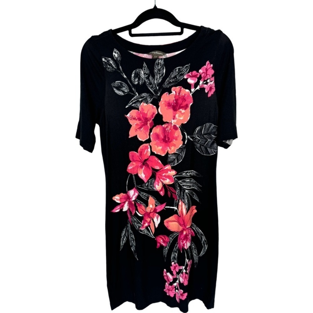 ✅ Tommy Bahama Black floral print jersey mini dress short sleeve boat neck sz S